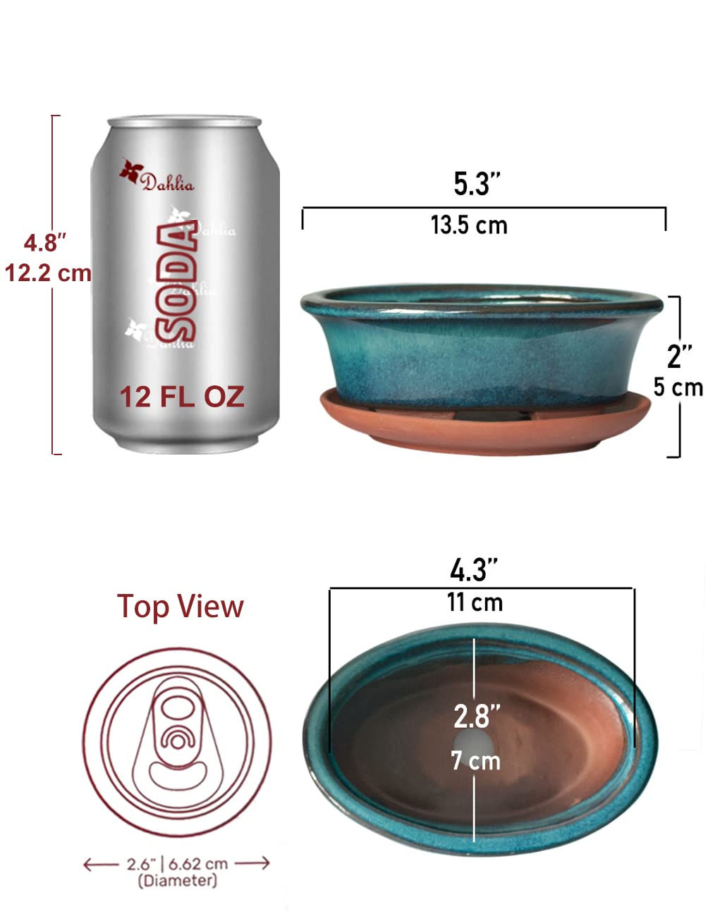 Dahlia Ceramic Succulent Pot/Bonsai Pot w Drainage Hole & Detachable Saucer, 2pc Oval