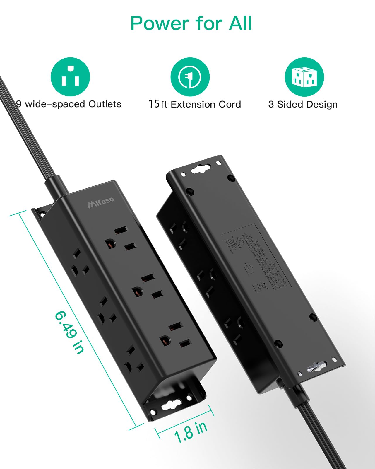 Surge Protector Power Strip - 9 Widely Spaced Multi Outlets, Wall Mount, 3 Side Outlet Extender with Extension Cord, Flat Plug, Overload Protection, Home Office Dorm Room Essentials (5FT, White)