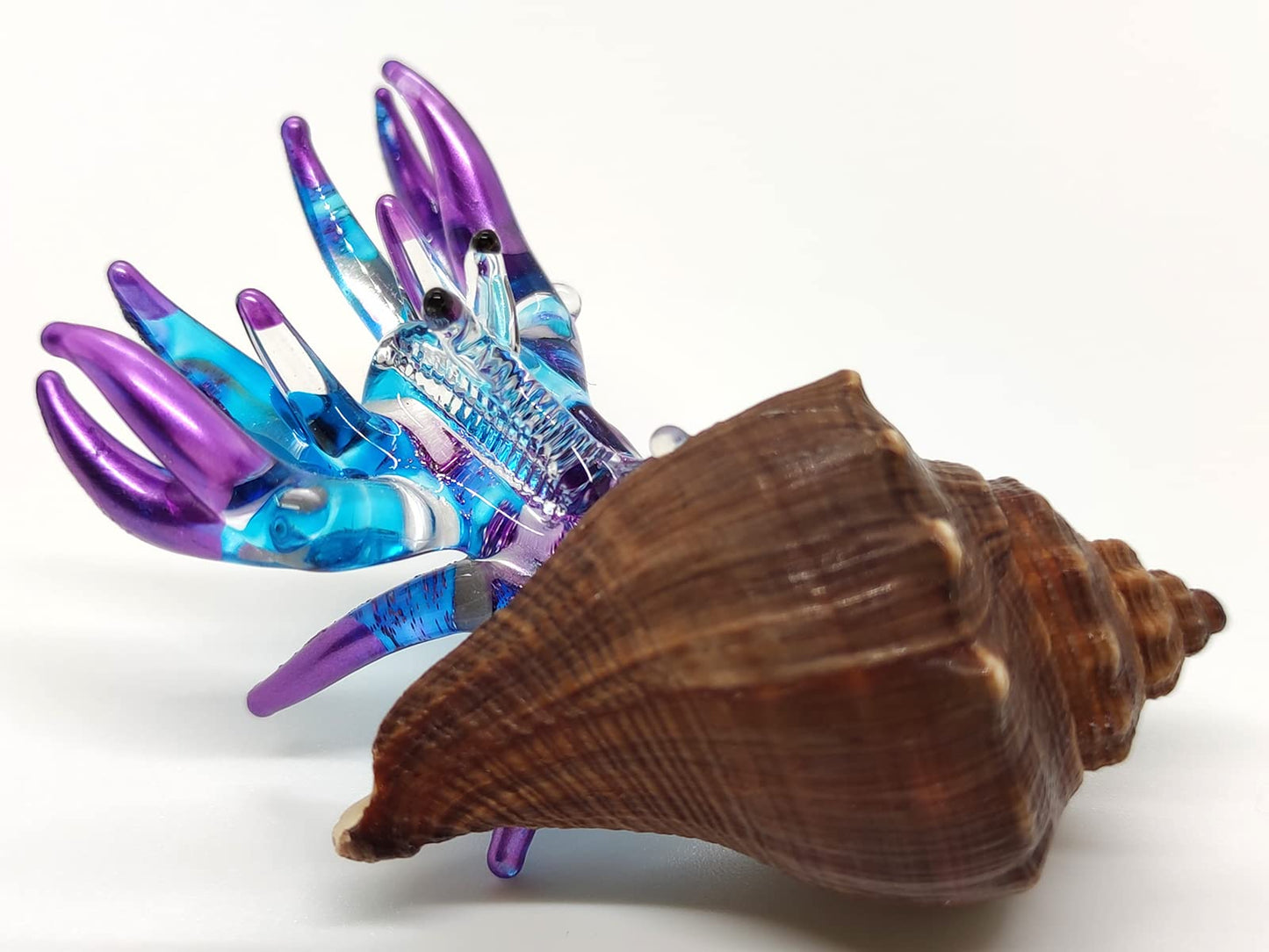 Sansukjai Seashell Hermit Crab Miniature Figurines Beach Animals Hand Blown Glass Art Collectible Gift Decorate - Brown Spiral Shell (Purple Blue)
