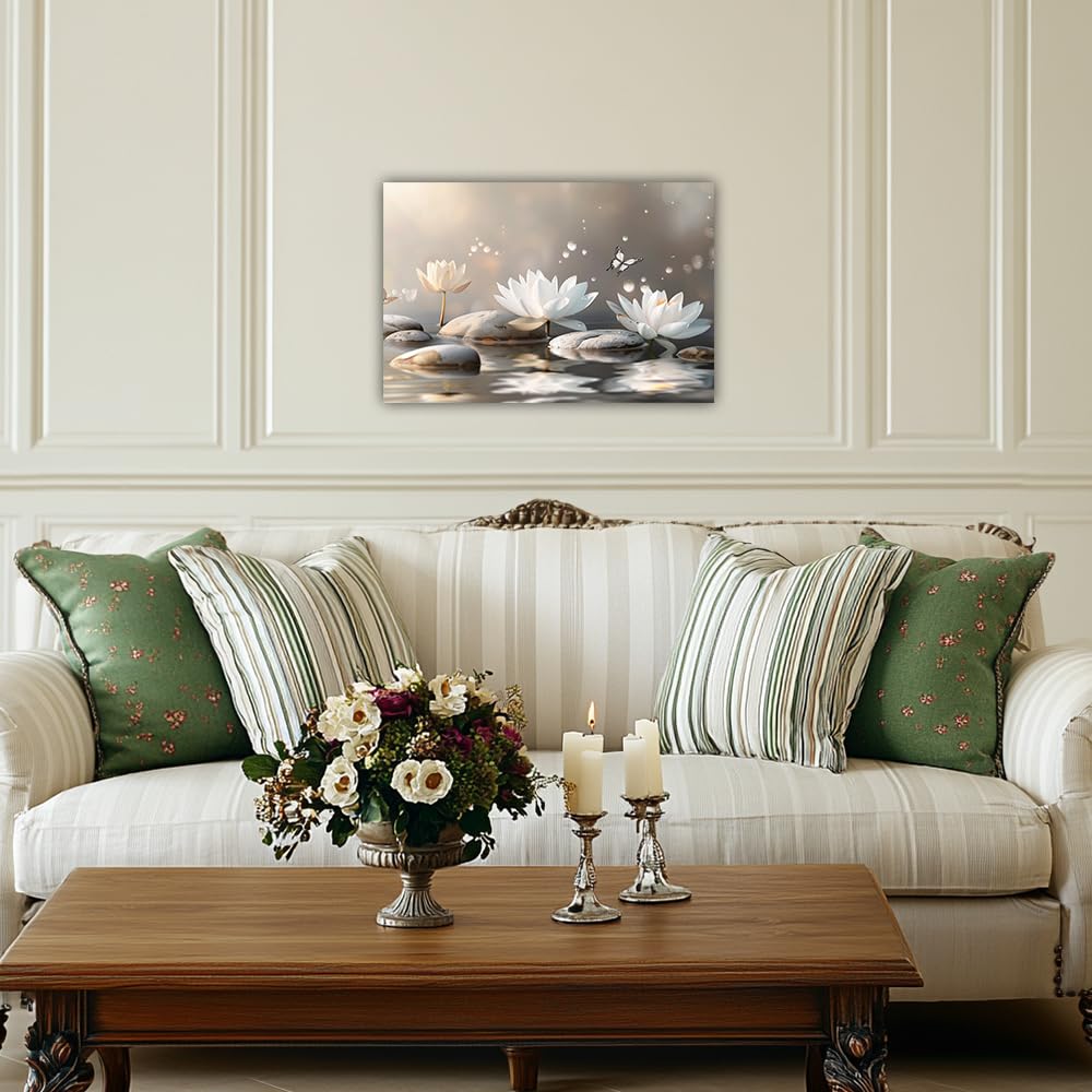 Zen Canvas Wall Art White Lotus Massage Stone on Water Picture Wall Art Meditation Spirit Painting Prints Spa Yoga Room Decor Framed(Zen-5,12x18inch (30x45cm))