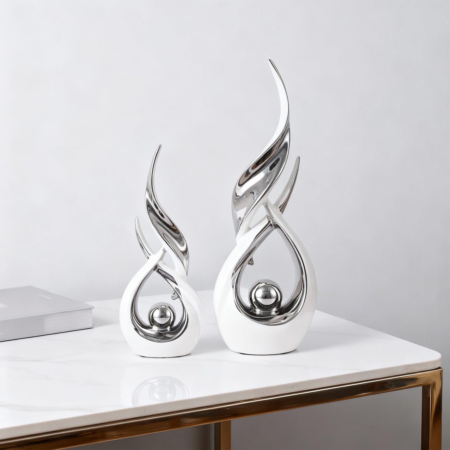 DOVDOV 2-Piece Abstract White and Silver Home Decor, Ceramic Abstract Sculptures, Modern Art Pieces, Suitable for Room Coffee Tables, Office Bookshelves, Dining Table Centers, entryway Decor.