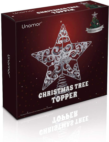 Wrought Iron Silver Star Tree Topper 9.84 Inch Christmas Tree Decoration with Hollow Design for DIY Lights