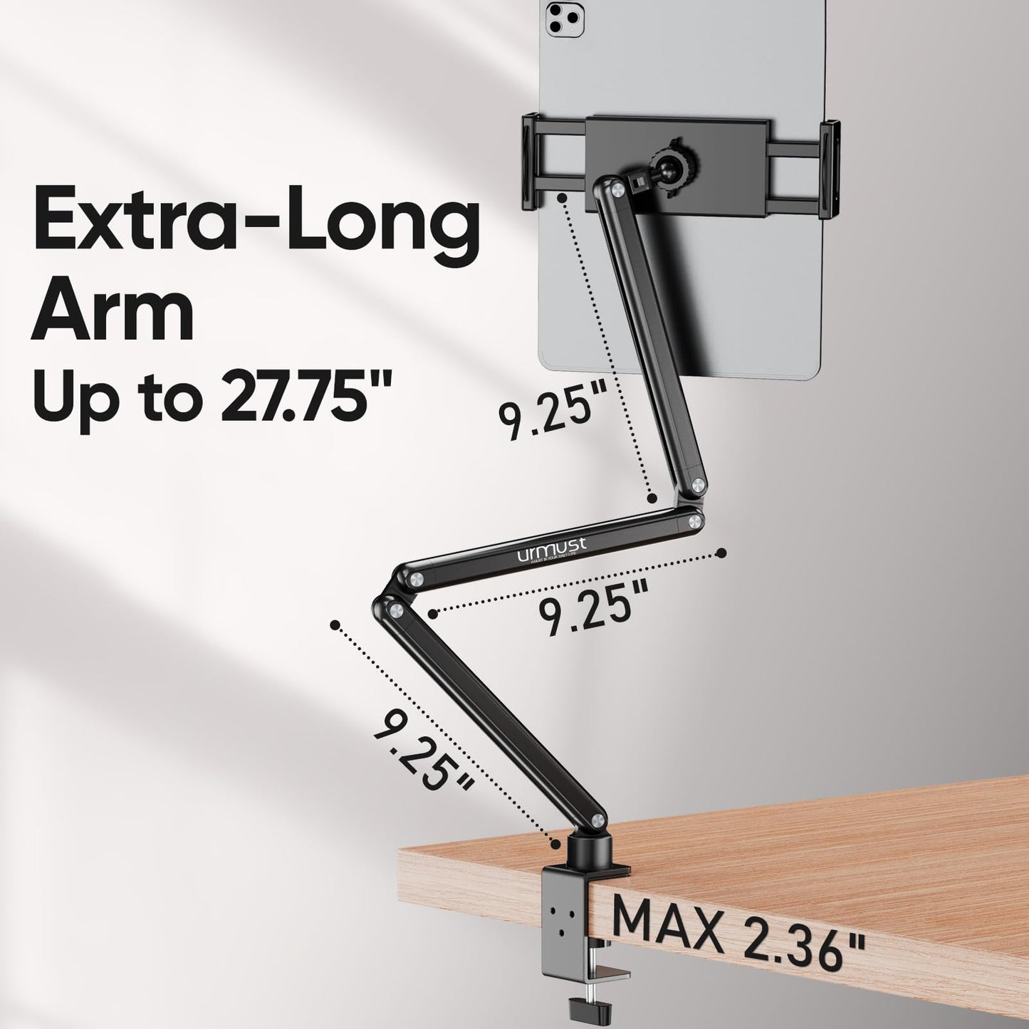 Urmust Tablet Stand for Desk, Adjustable iPad Holder for Bed, 360° Rotation, Sturdy Aluminum Tablet Arm Mount for 4.7"-15.6" iPad Pro/Air/Mini, iPhone, Galaxy Tab, for Kitchen, Work, Video Call
