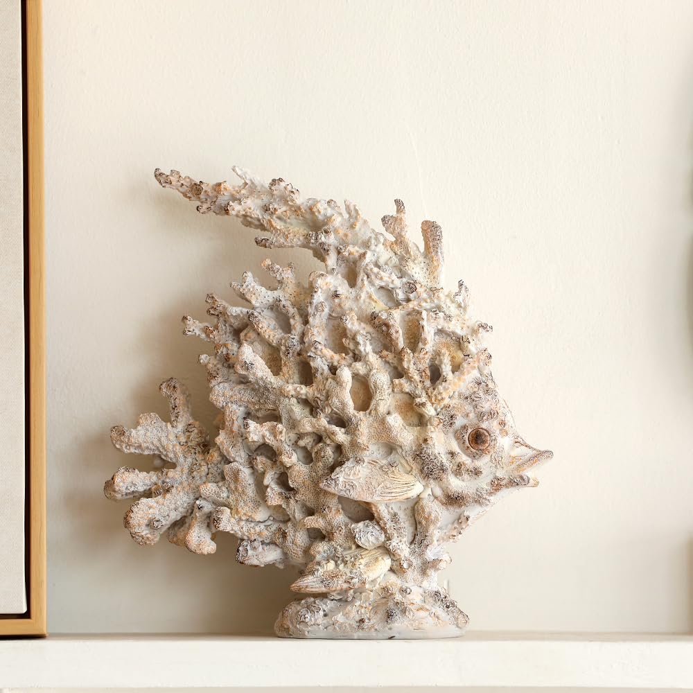 SUYNYBHF Coral Fish Figurines Beach Coastal Coral Reef Decor 9.6-inch Resin Statue Angel Fish Home Office Desktop Sculpture Bathroom Decoration Mom Gift Ornament Gift(White) (White Coral Fish)