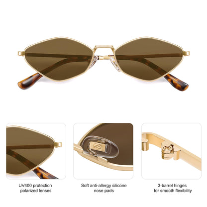SOJOS Retro Small Polarized Sunglasses Womens Mens Vintage Narrow Irregular Shades UV400 SJ1233 with Gold/Brown Lens
