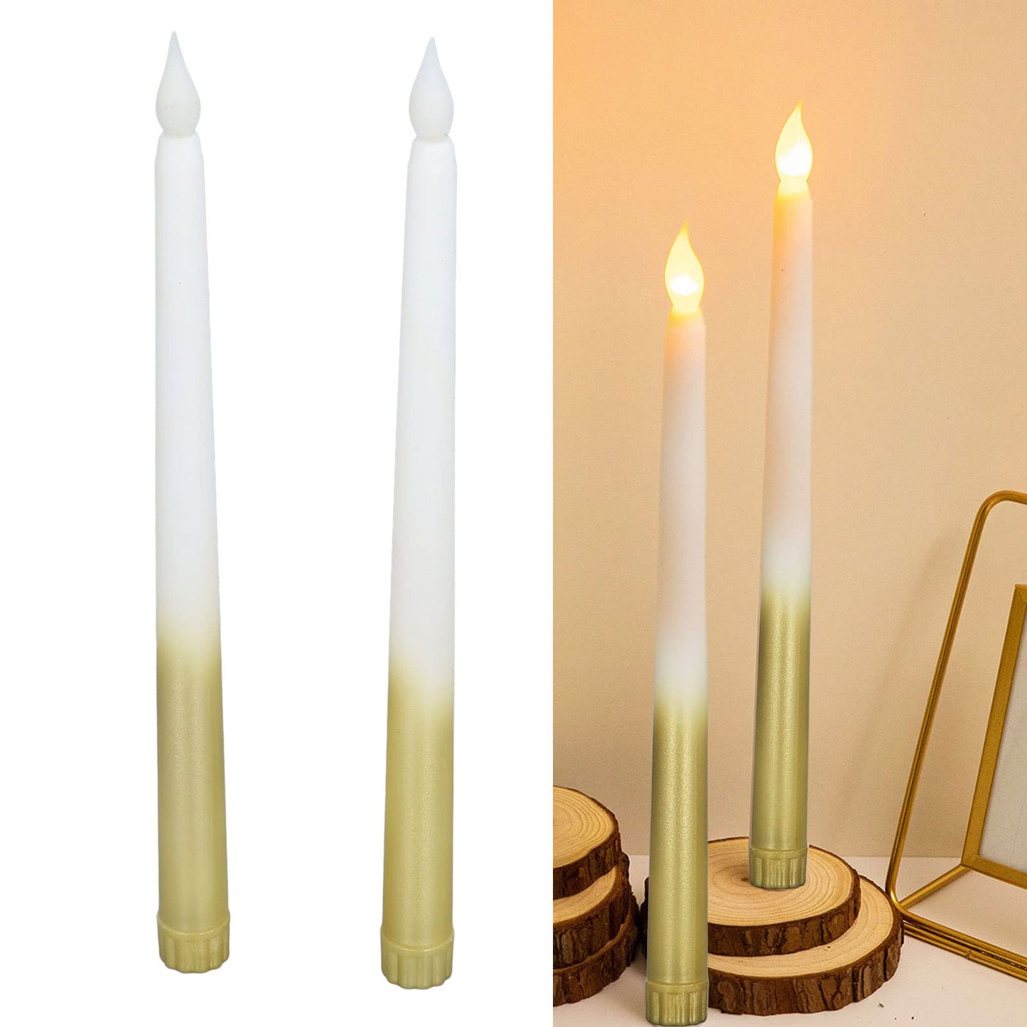 Flameless Taper Candles, 2 Pcs Battery Operated Realistic LED Taper Candles with Flickering Warm Yellow Flame Dripless Electric Decorative Led Candles for Home, Christmas, Wedding(half spray gold)