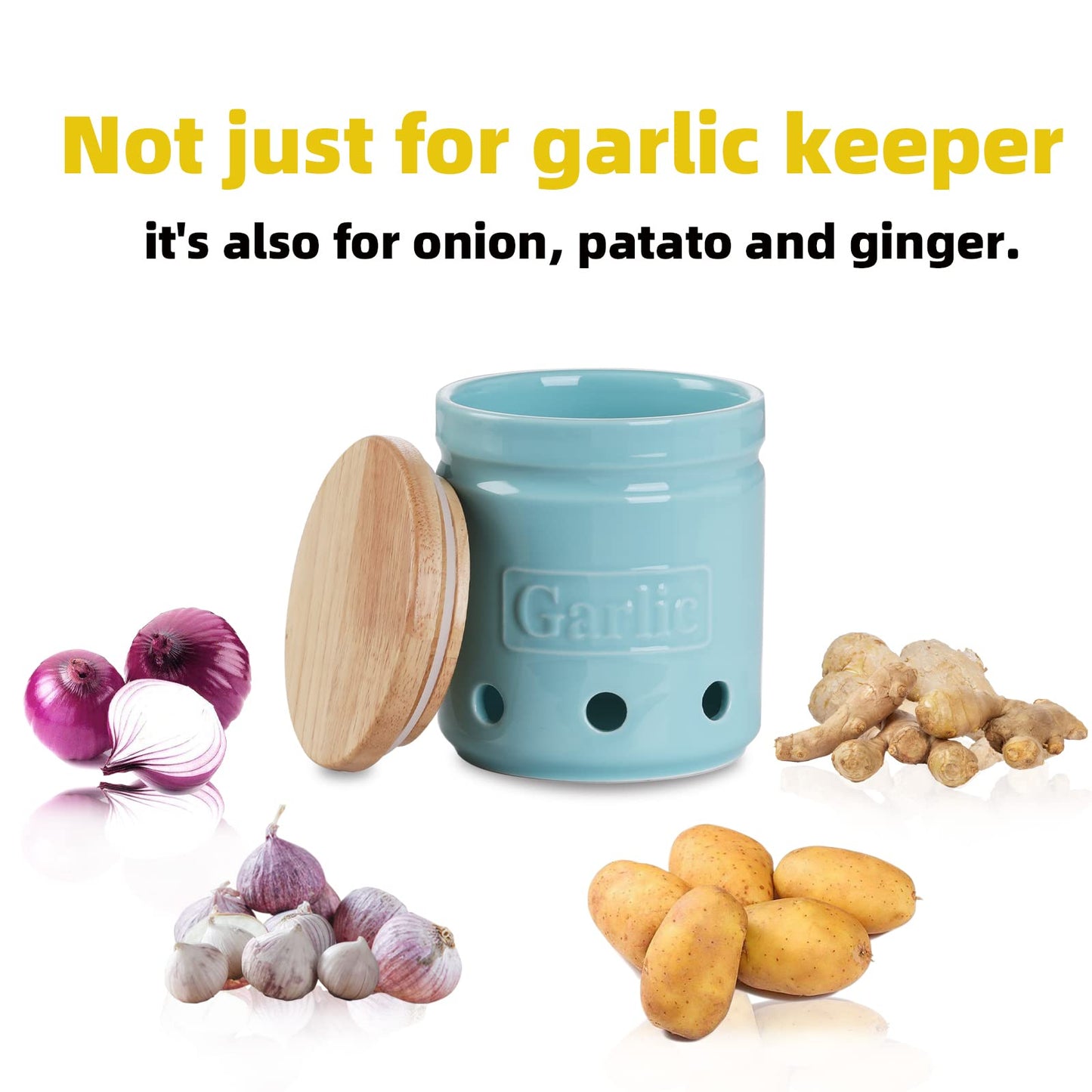 ONTUBE Garlic Keeper with Wooden Lid, 4.5-Inch Ceramic Garlic Holder 24oz (Turquoise)