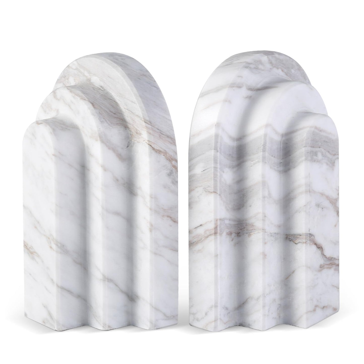 Natural Marble Book Ends - Heavy Duty Bookends for Shelves - Aesthetic Layered Arch Design Stone Book Holders, Modern Office Bookshelf Stopper Decor for Books/CDs (Volakas)