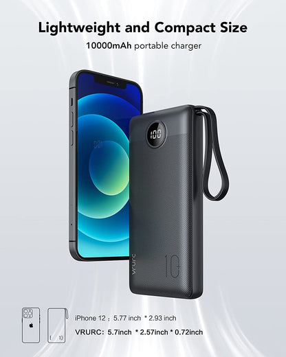 VRURC Power Bank 10000mAh With Built in Cables,USB C Battery Pack Portable Charger with 5 Outputs 2 Inputs Powerbank LED Display compatible with iPhone 16 15 14 Samsung S21 S20 Xiaomi