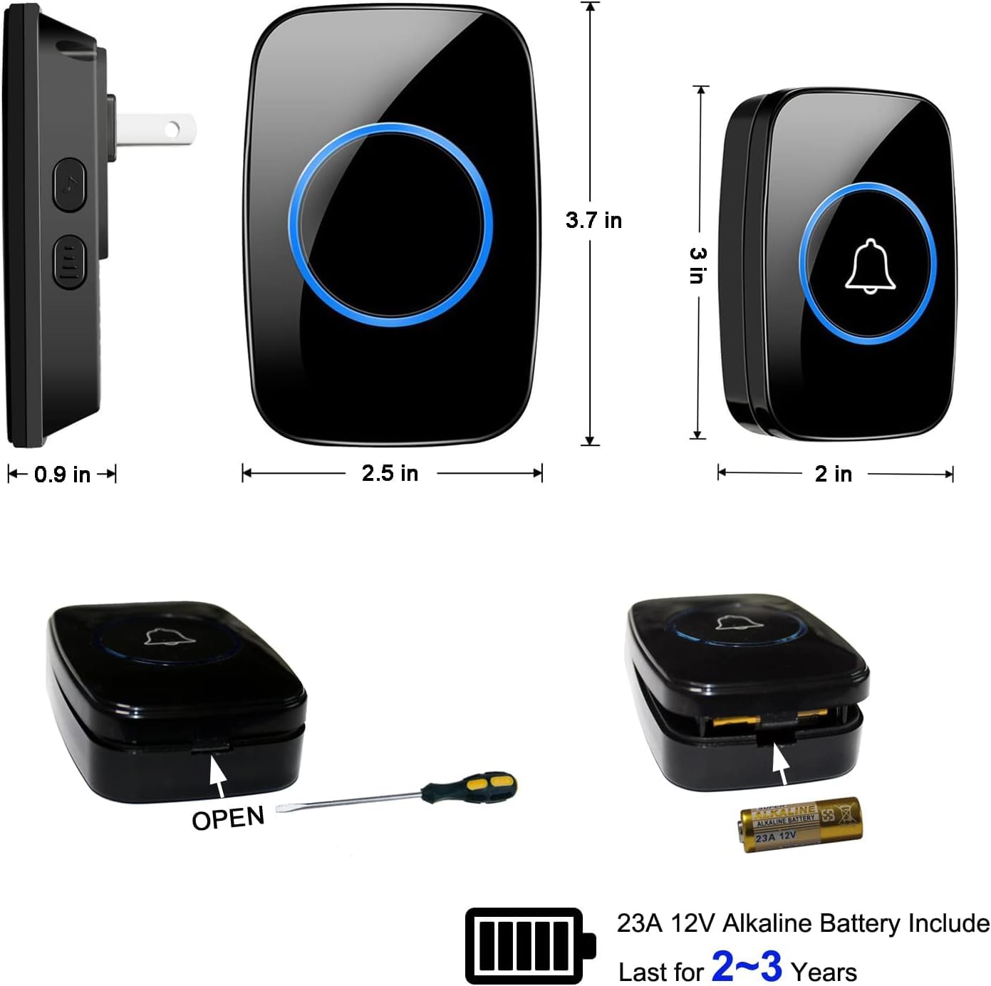 Wireless Doorbell, Waterproof Door Bell Kit, Distinguish Front and Rear Doors, Over 1000 feet Range and 60 Chime, 5 Levels Volume and LED Flash, for Home Office Classroom