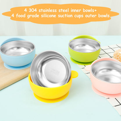 Stainless Steel Kids Bowls with Suction, Toddler Suction Bowls with Removable Silicone Shell, Anti Scald Snack Container, Baby Food Bowl for Feeding Soup Noodle Pasta Snack (Color A)