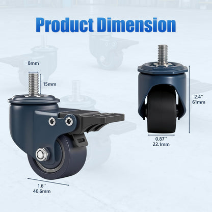 1.6 Inch Blue Polyurethane Caster Wheels, Metric M8-1.25 Threaded Stem (Screw Diameter 8mm, Length:15mm), Heavy Duty Casters Set of 4 with Locking Brakes, 450 lb Capacity for Furniture, Carts