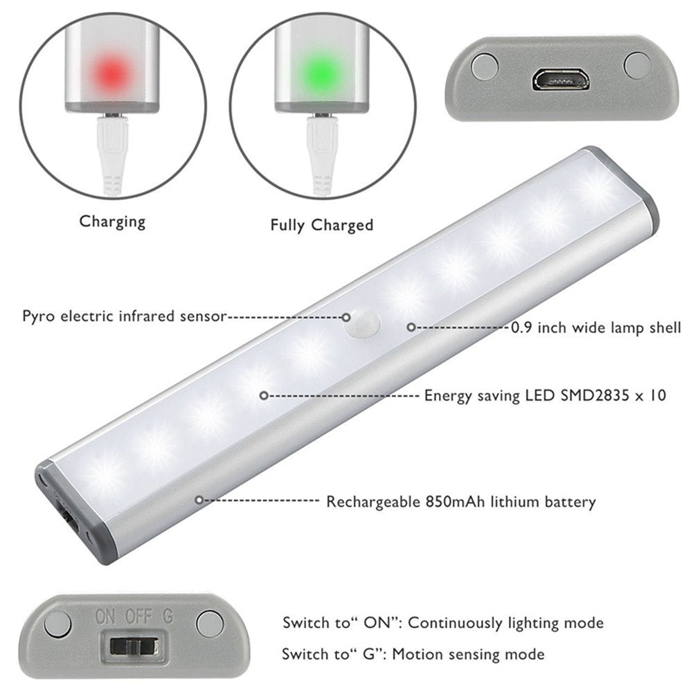 Stick-on Anywhere Portable Little Light Wireless LED Under Cabinet Lights 10-LED Motion Sensor Activated Night Light Build In Rechargeable Battery Magnetic Tape Lights for Closet,Cupboard (Silver1)