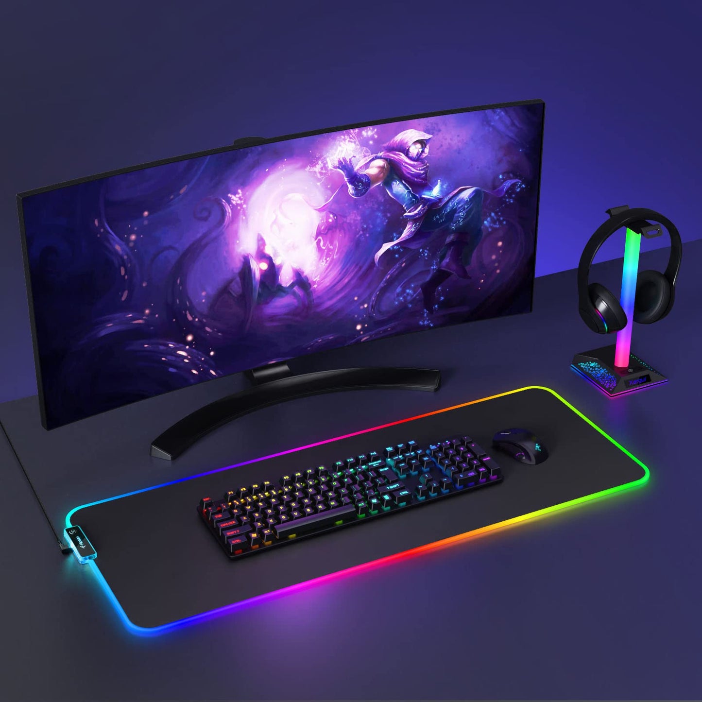 Hcman RGB Gaming Mouse Mat Pad, Large Thick (800×300×4mm) XXXL Extended Led Mousepad with Non-Slip Rubber Base, Soft Computer Keyboard Mice Mat for Macbook, PC, Laptop, Desk - Black