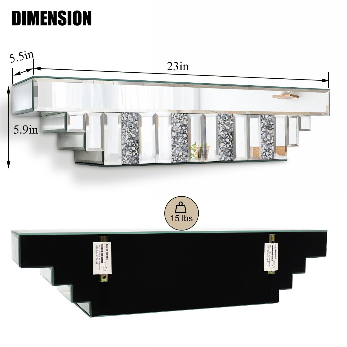 ST3000 Mirrored Floating Shelf for Wall-23 Crushed Crystal Diamond Wall Shelf, Silver Mirror Display Shelf for Bathroom, Living Room, Bedroom-Glam Art Deco Showcase for Perfume, Jewelry, Small Plants