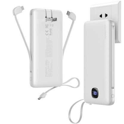 Portable Charger with Built-in Cables&AC Wall Plug,Slim 10000mAh 22.5W Fast Charging Power Bank,5 Output 2 Input USB-C External Battery Pack Compatible with iPhones,Samsung,Android, etc