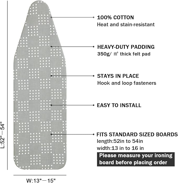 Ironing Board Cover and Pad Standard Size 15 x 54, 3 Pairs of Hook and Loop
