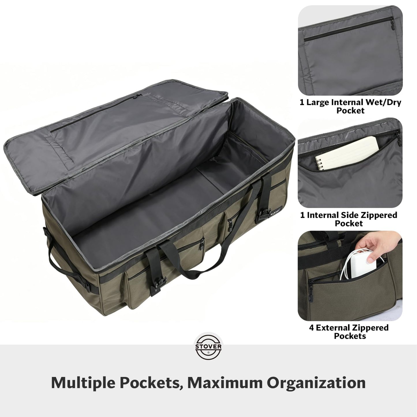 STOVER 45/80/100L U-Zip Rolling Duffel Bag with Wheels, X-Large Durable Travel Duffle + Toiletry Bag, Lay-Flat Opening, Packable w/Shoulder Straps- Use as Luggage or Backpack, Men/Women (Green)