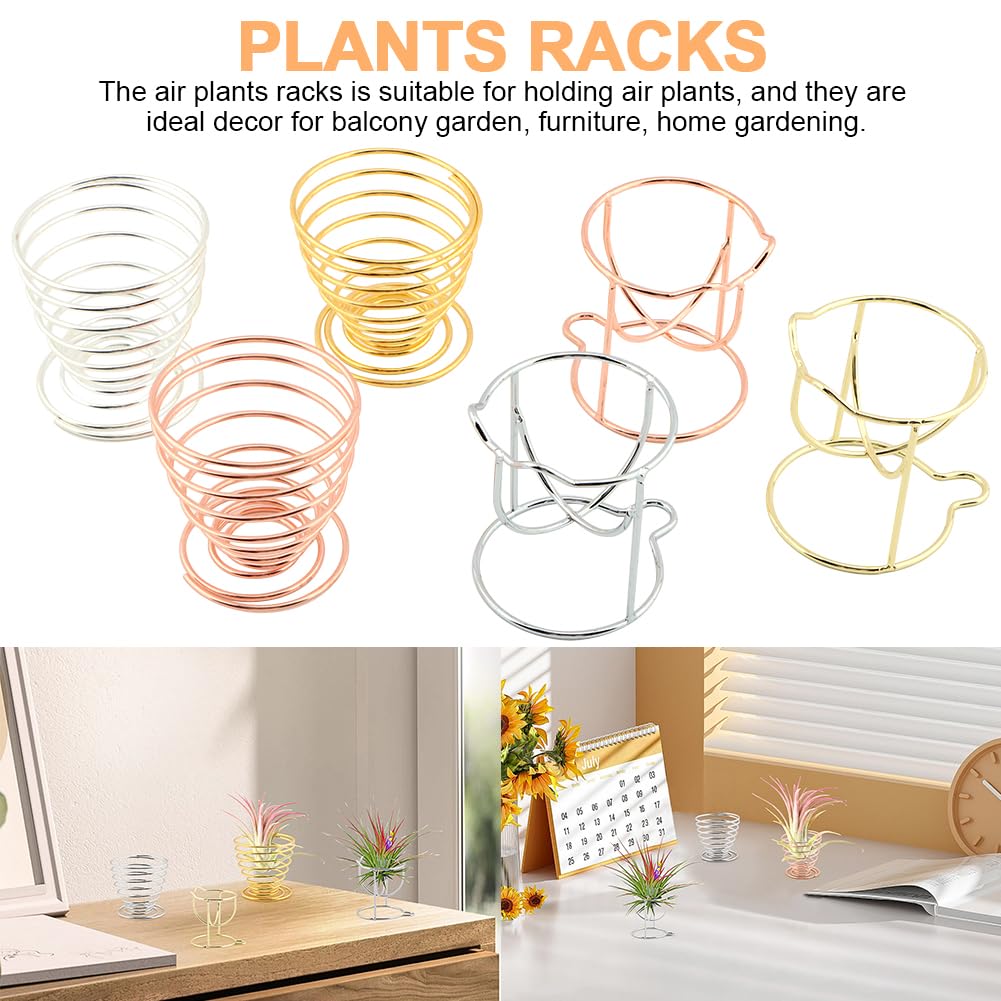 Kakalote 6pcs/pack Air Plant Holders, Geometric Metal Plants Stand Planter Shelves, Airplant Container Tillandsia Holder, Airplants Rack Tabletop Decor for Plant Lovers(cat + spring shape)