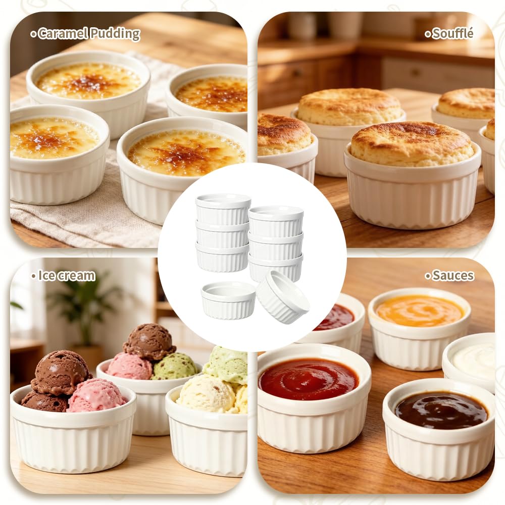 Rreme Brulee Ramekins 6OZ 8-piece Set Includes 8 Gold-Colored Stainless Steel Spoons，Ramekins Oven Safe，Suitable For Pudding Cups Dessert Cups Lce Cream Cup Reusable