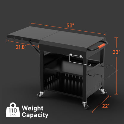 Outdoor Grill Table Cart for Blackstone 28"/36" Omnivore Griddle, 50" x 22“ Large Outdoor Kitchen Island with Foldable Side Table for Blackstone 17”/22” Griddle, Home BBQ, Tailgates, Cookouts