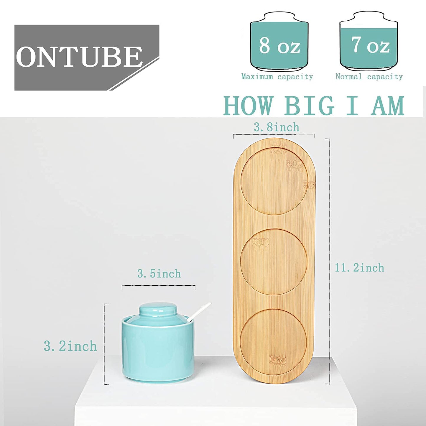 ONTUBE Ceramic Condiment Jar Set of 3 with Tray, Condiment Pot 8oz (Turquoise)