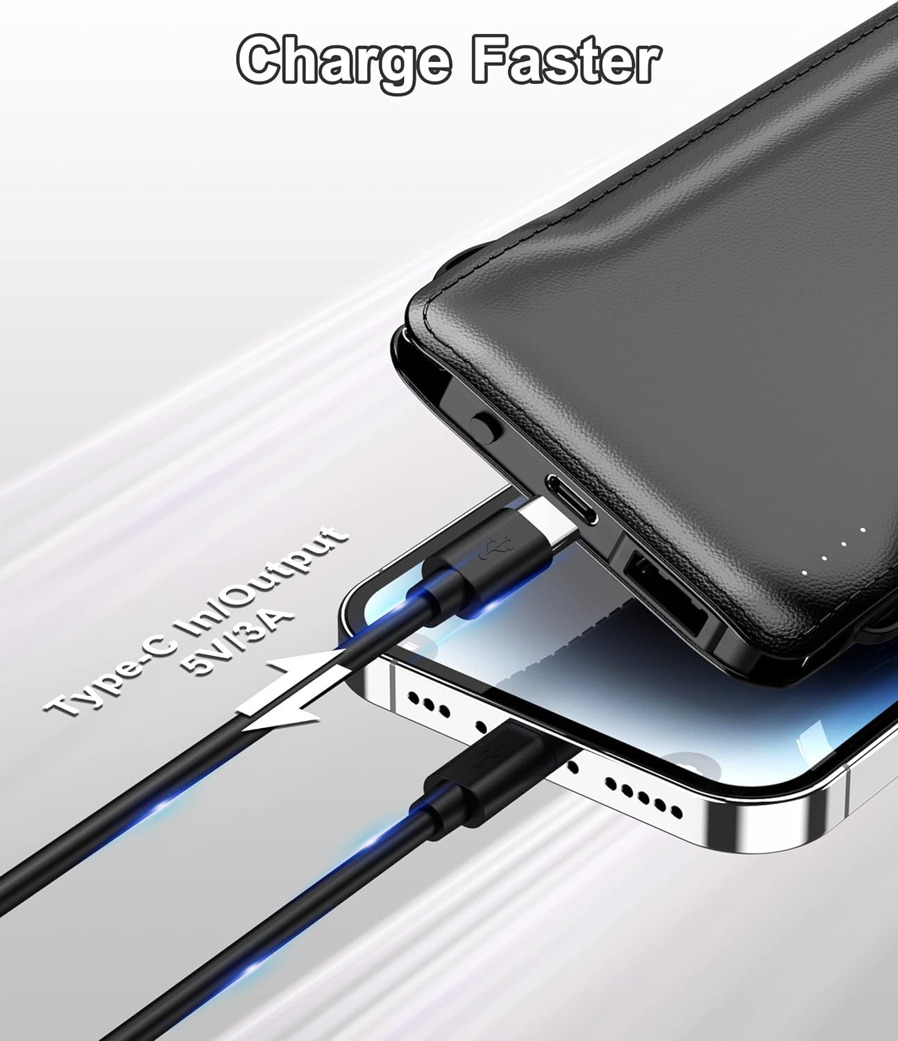 TG90° Portable Charger 10000mah Cell Phone Battery Backup, Ultra Slim Power Bank with Built in Lightning and USB-C Cable, Portable Phone Charger Battery Packs Compatible with iPhone Android Phones