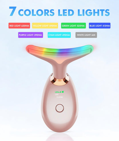 Red-Light-Therapy-for-Face-and-Neck, 7 Color Face Massager Tool for Wrinkles, Double Chin, Vibrating Facial Massager with Thermals for Skin Care, Glossy Pink