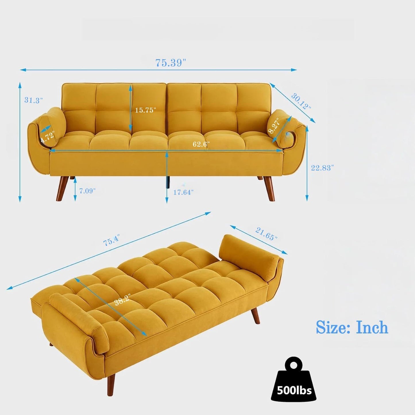 Trygoal Convertible Futon Sofa Bed, Modern Futon Couch with 2 Pillows, Small Futons Couch with Adjustable Armrest & Backrest, Loveseat Sofa Bed for Living Room, Bedroom, Yellow