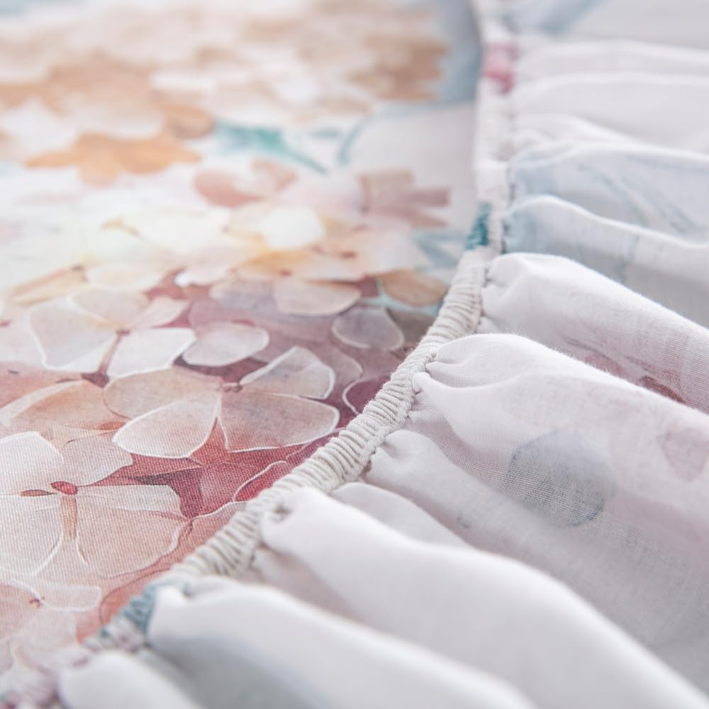 DAUAOTO Twin Size Printed Sheets Set, 100% Cotton Bedding Sets, Up to 14" Deep Mattress, Floral Pattern Bedlinen Set, Hydrangea Blush