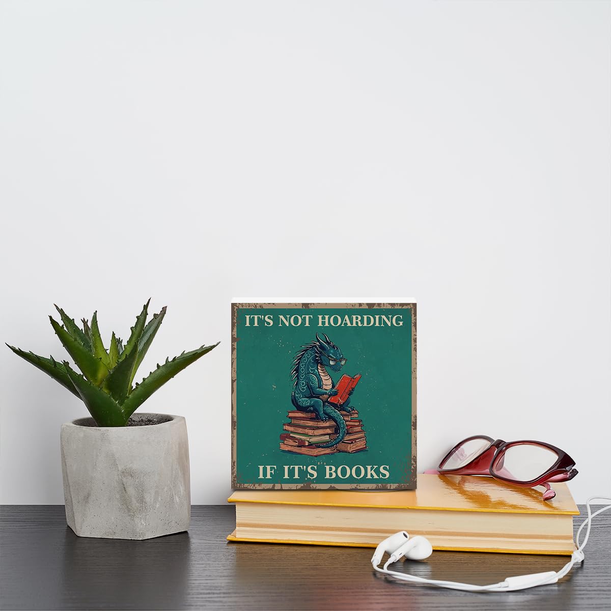 Dragon Decor Reading Wooden Box Sign, Dragon Bookshelf Library Decor Rustic Country Wooden Sign, Fantasy Book Merch Bedroom Reading Corner Book Shelf Desk Decorations Supplies