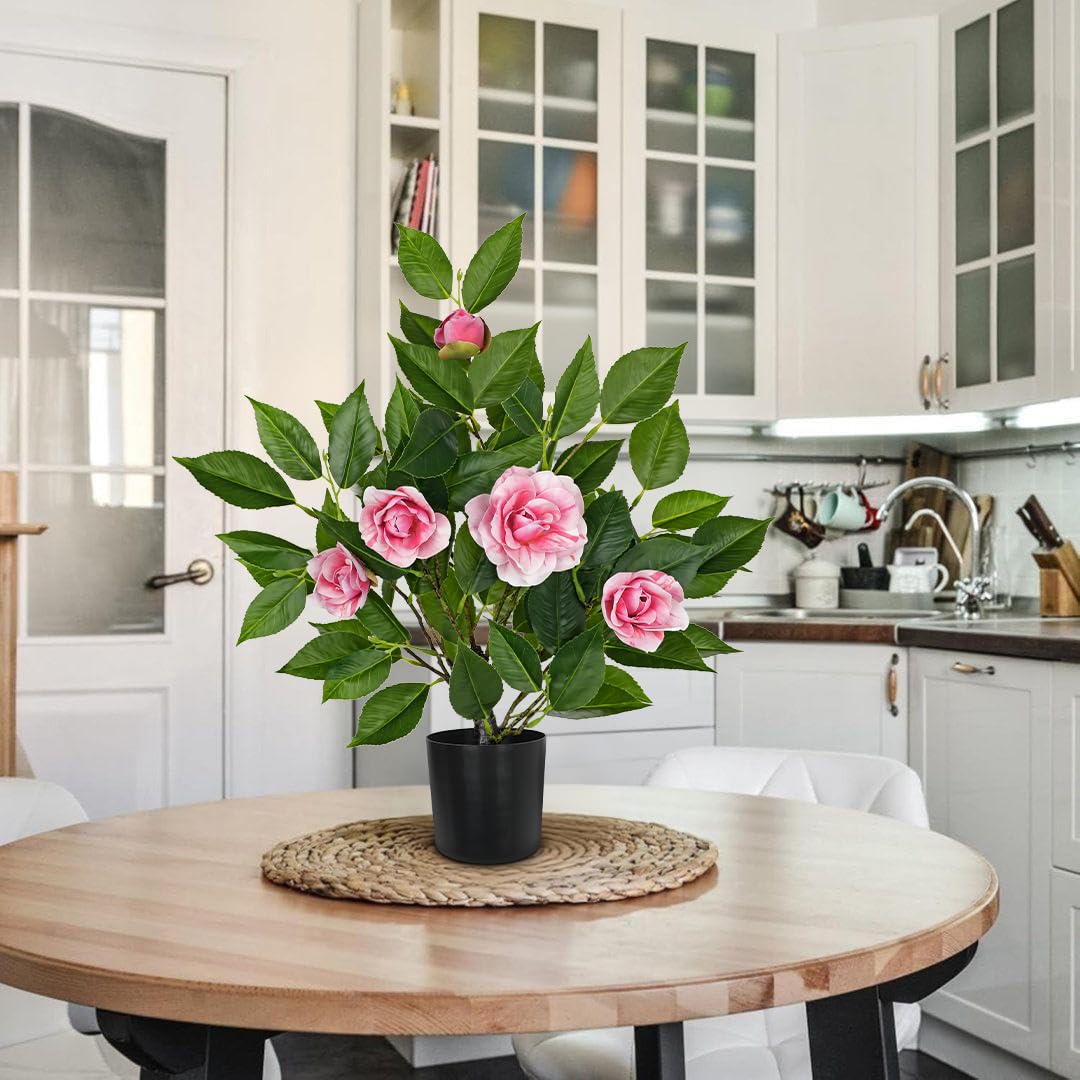 Small Artificial Camellia Roses Potted - 17.7" Pink Faux Camellia Rose Mini Tree Fake Flower Plant Artificial Plants & Flowers Indoor with Planter for Home Office Living Room Porch Arrangement Decor
