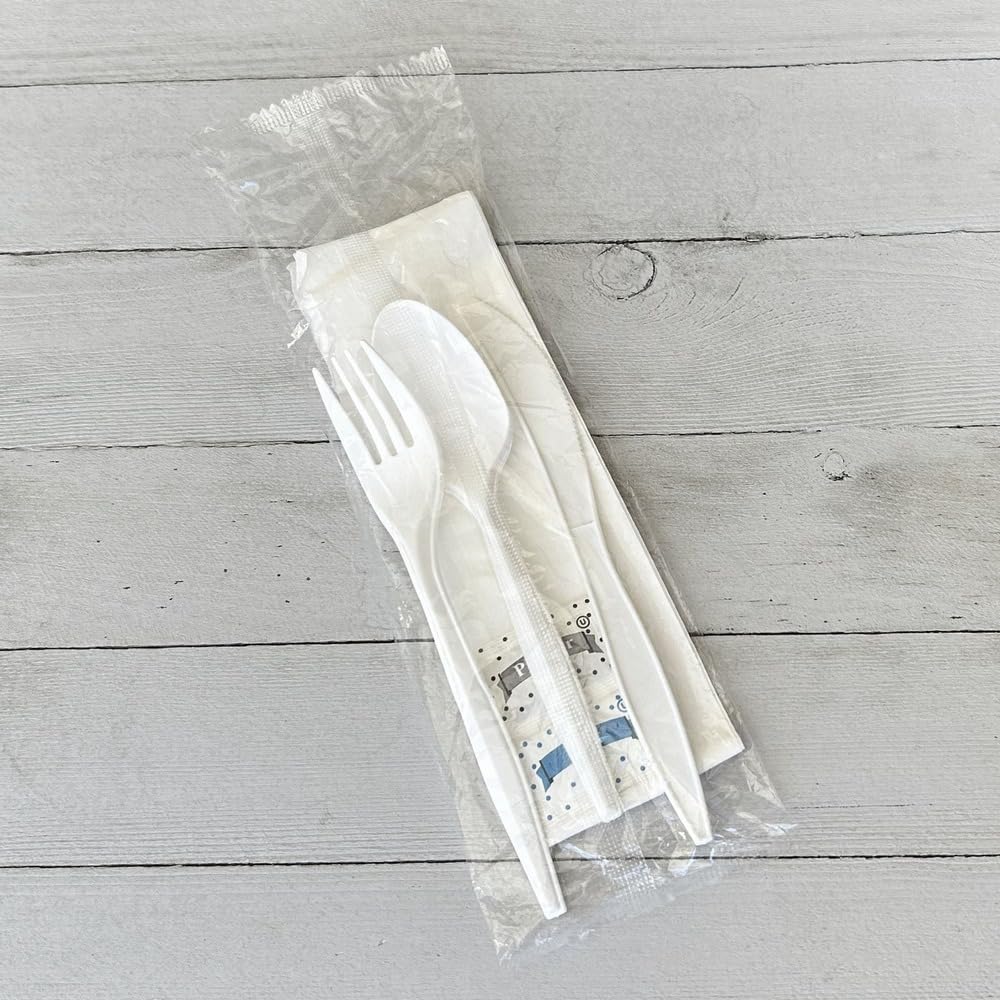 Boardwalk Three-Piece Disposable Cutlery Kit, 250 Count, Fork/Knife/Spoon/Napkin, Salt & Pepper, Medium Weight, Plastic, White, Individually Wrapped