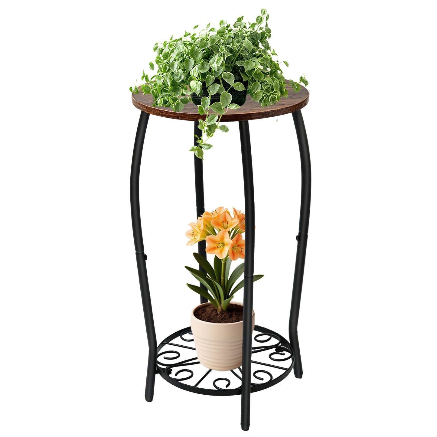 Uniqcovosa Plant Stand Indoor Outdoor, 2-Tier Tall Wood & Iron Plant Stand, 4-Leg Corner Flower Stand, Heavy Duty Floor Plant Shelf Plant Rack for Patio Living Room Balcony Home Decor