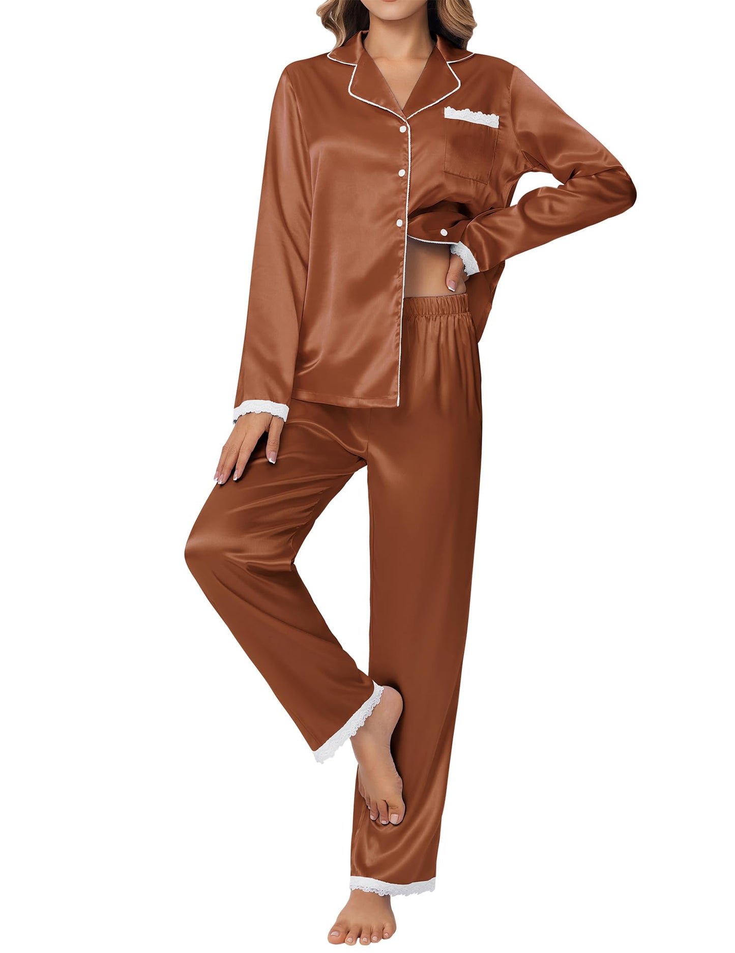 Ekouaer Satin Pajamas for Women Silk Long Sleeve Sleepwear Button Down Loungewear 2 Pieces Lace Soft Pjs Set