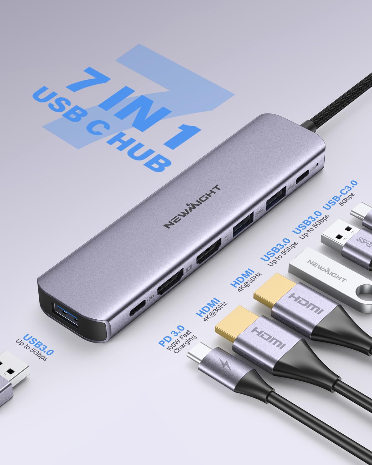 Newmight 7 in 1 USB C Docking Station - Dual Monitor with 2 HDMI, 3 USB 3.0, 100W PD, Compatible with Dell, HP, MacBook Pro Air, iPhone 15 Series