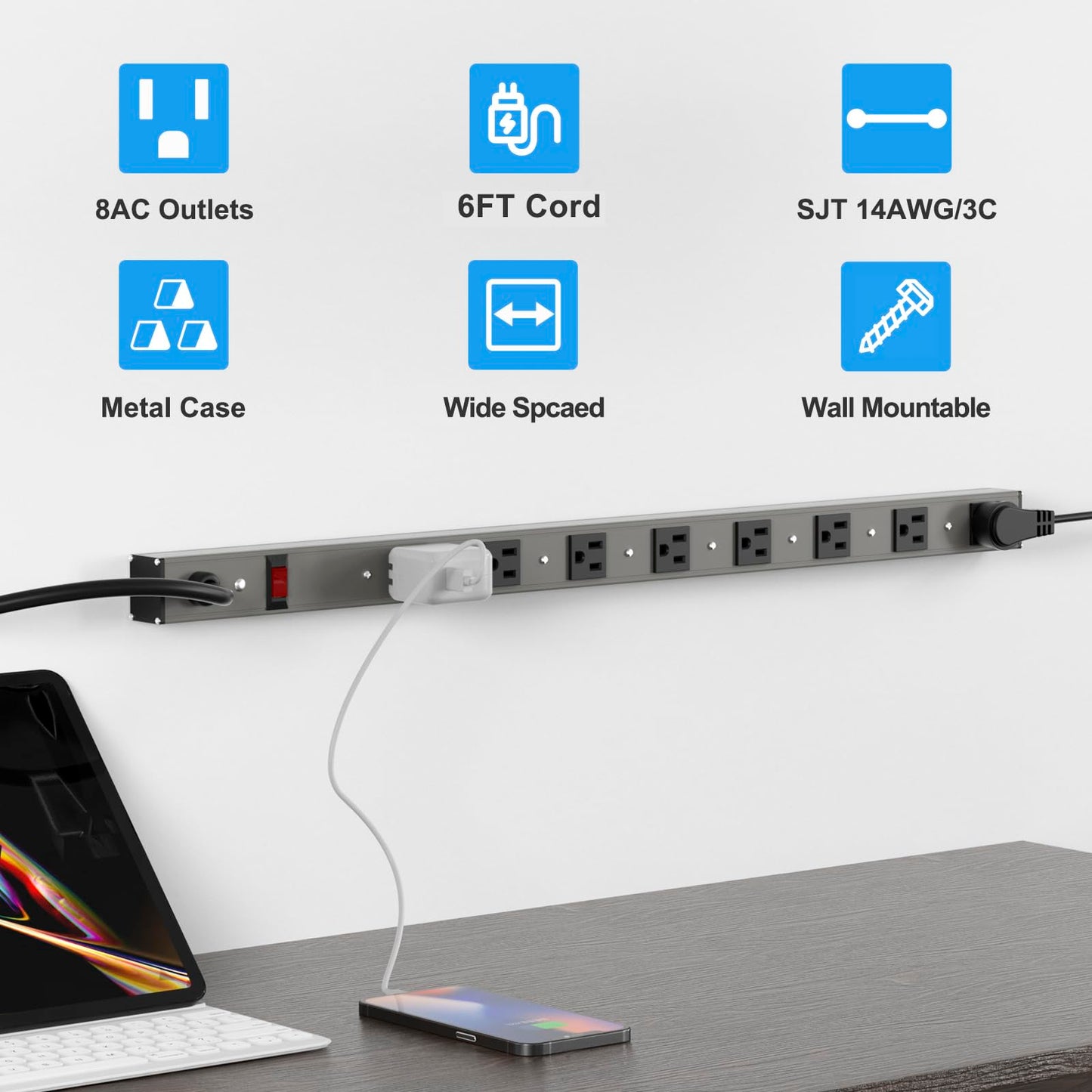 20 Outlet Heavy Duty Metal Socket Power Strip,15-Foot Long Extension Cord with Circuit Breaker. Mounting Brackets Included,Workshop/Industrial use,ETL Certified