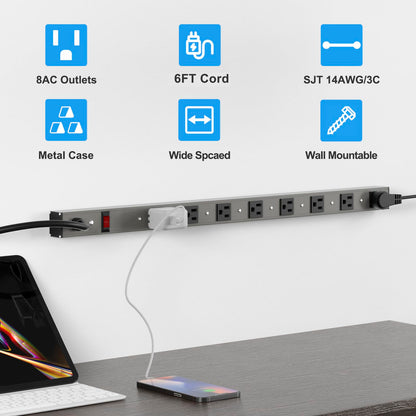 20 Outlet Heavy Duty Metal Socket Power Strip,15-Foot Long Extension Cord with Circuit Breaker. Mounting Brackets Included,Workshop/Industrial use,ETL Certified