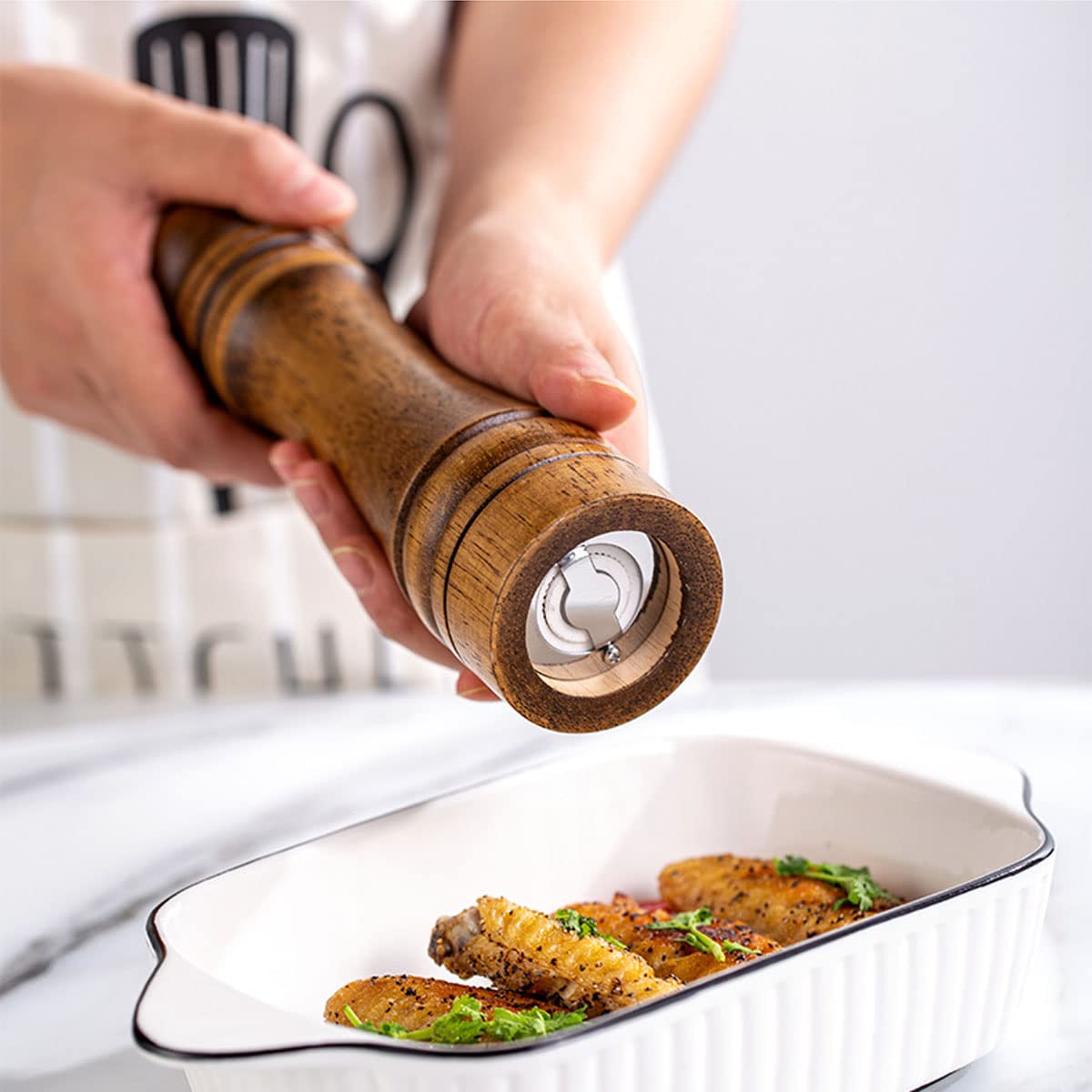 BINHAI Salt and Pepper Mill Set, Wooden Pepper Grinder Set Salt Pepper Grinder Kit Manual Mills Solid with Strong Adjustable Ceramic Grinders 2 Piece 8 Inches
