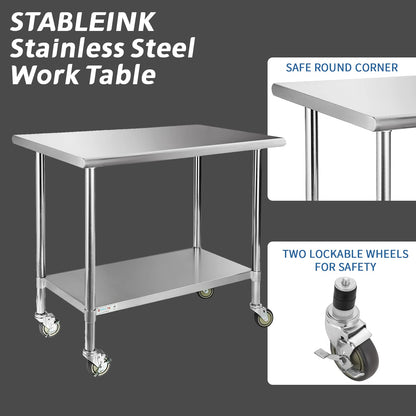 STABLEINK NSF Stainless Steel Table with Wheels 36x24 Inches 3ft, Metal Prep & Work Table with Adjustable Undershelf, for Commercial Kitchen, Restaurant, Laundry, Hotel and Garage