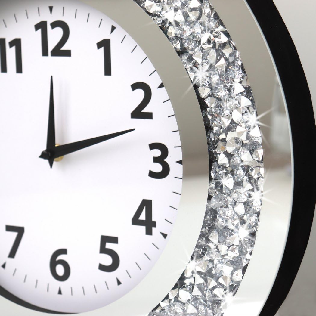 DMDFIRST Acrylic Glass Diamond Decor Round Clock, 15.7x15.7x1.7 Inches Silver Glass Round Decorative Clock, Silent Quartz Movement (No Second Hand), Modern Sparkle Home Decor (AA Battery Not Included)