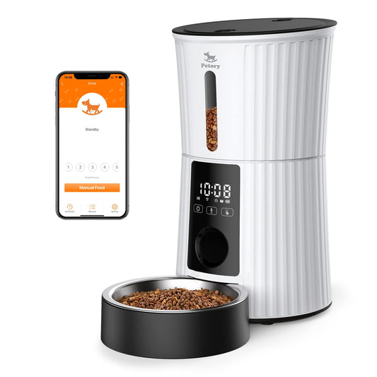 Petory Automatic Cat Feeders Wi-Fi - 4L Dry Food Dispenser for Cats and Dogs 10 Meals per Day Smart Pet Feeder with Desiccant Bag Dual Power Supply 10S Voice Recorder