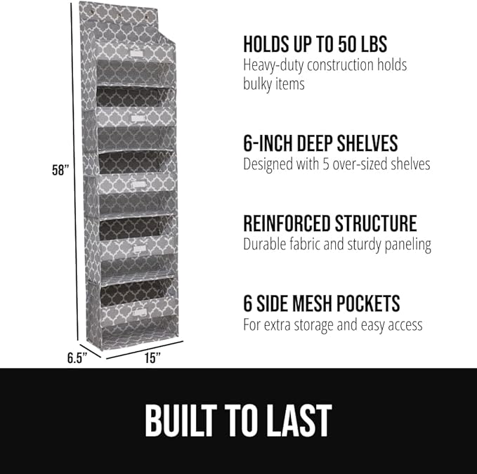 GORILLA GRIP Over The Door Organizer Storage, 5 Deep Hanging Shelves, Holds