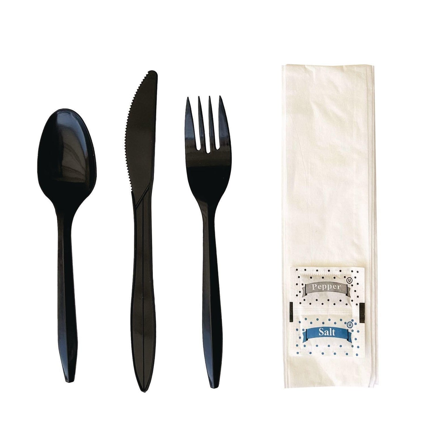 Boardwalk Disposable Plastic Cutlery Set, Six Piece Silverware Kit, Case of 250 Fork Knife Spoon Napkin Salt & Pepper, Polystyrene, Black, Individually Wrapped