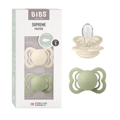BIBS Supreme Soother 2-Pack, BPA Free Dummy Pacifier, Symmetrical Nipple. Silicone, Size 1 (0-6 Months), Ivory/Sage