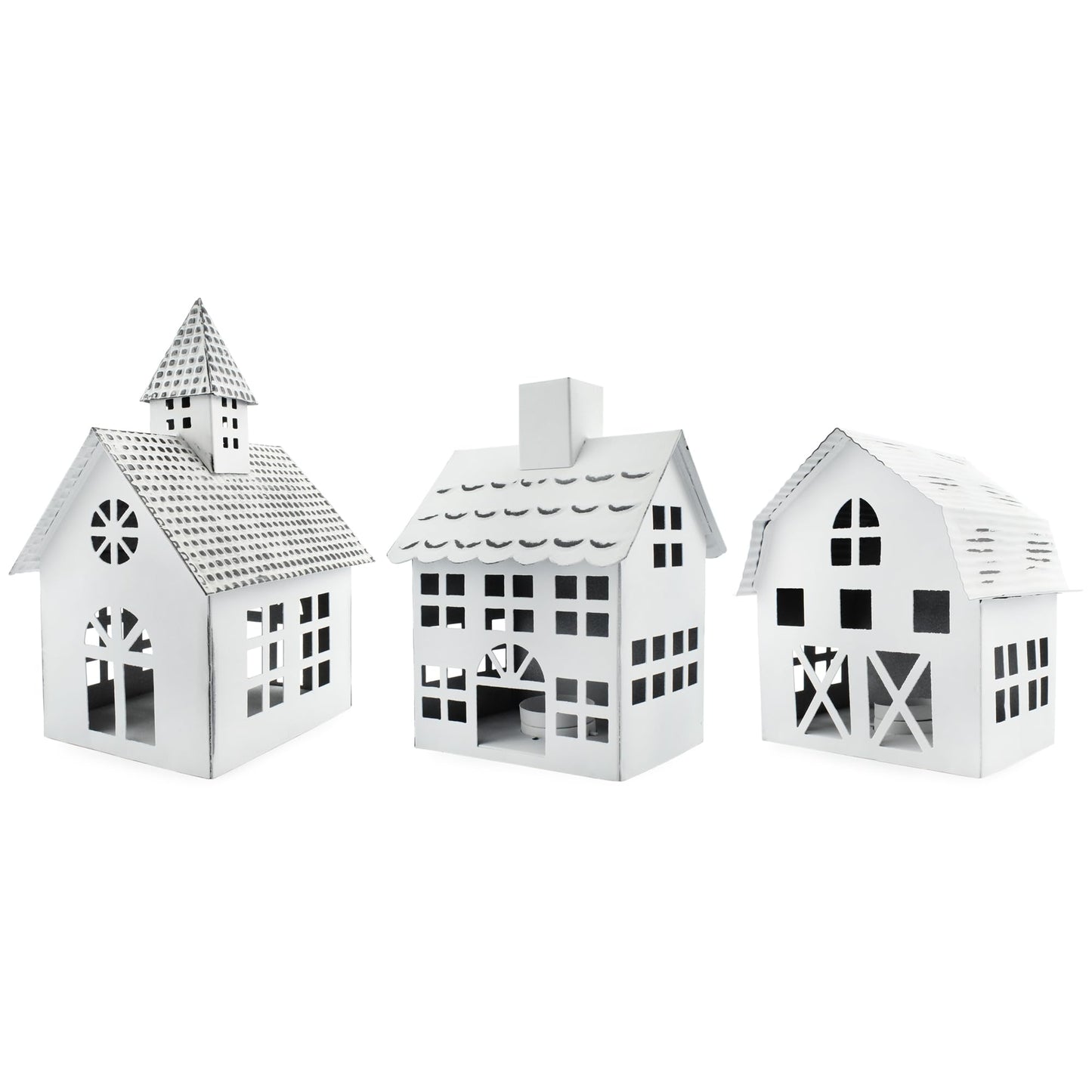 AuldHome Design Farmhouse Christmas Village Collection #2 w/Church, Barn and School (Set of 3, White); Candle Lantern Decorative Christmas Town Display