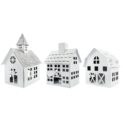 AuldHome Design Farmhouse Christmas Village Collection #2 w/Church, Barn and School (Set of 3, White); Candle Lantern Decorative Christmas Town Display