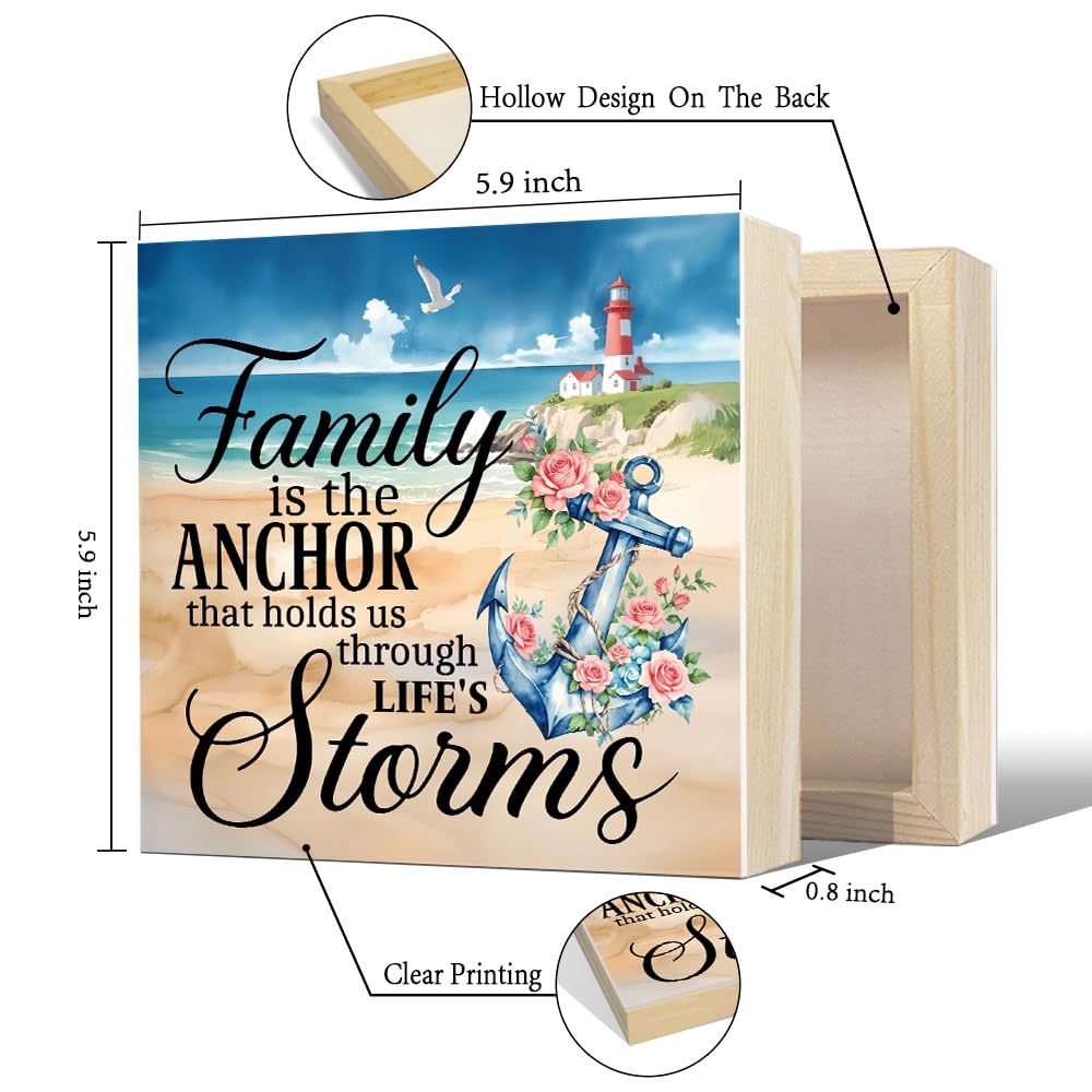 Sixrip Family Is The Anchor Wooden Box Sign, Funny Sea Anchor Home Desk Decor for Sailing Lover Dad Mom, Ocean Family Inspirational Wooden Box Sign Plaque For Shelf Bathroom Table Indoor