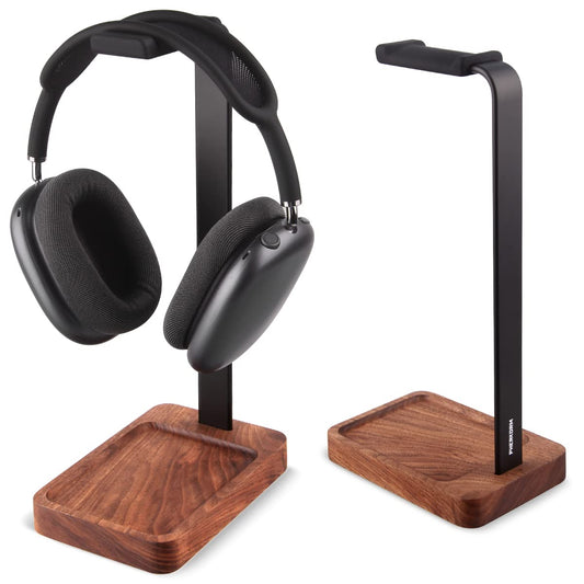 PHERKORM Walnut Wood & Aluminum Headset Holder, Desktop Headphone Stand, Universal headphone holder for most music gaming headsets - Black Walnut