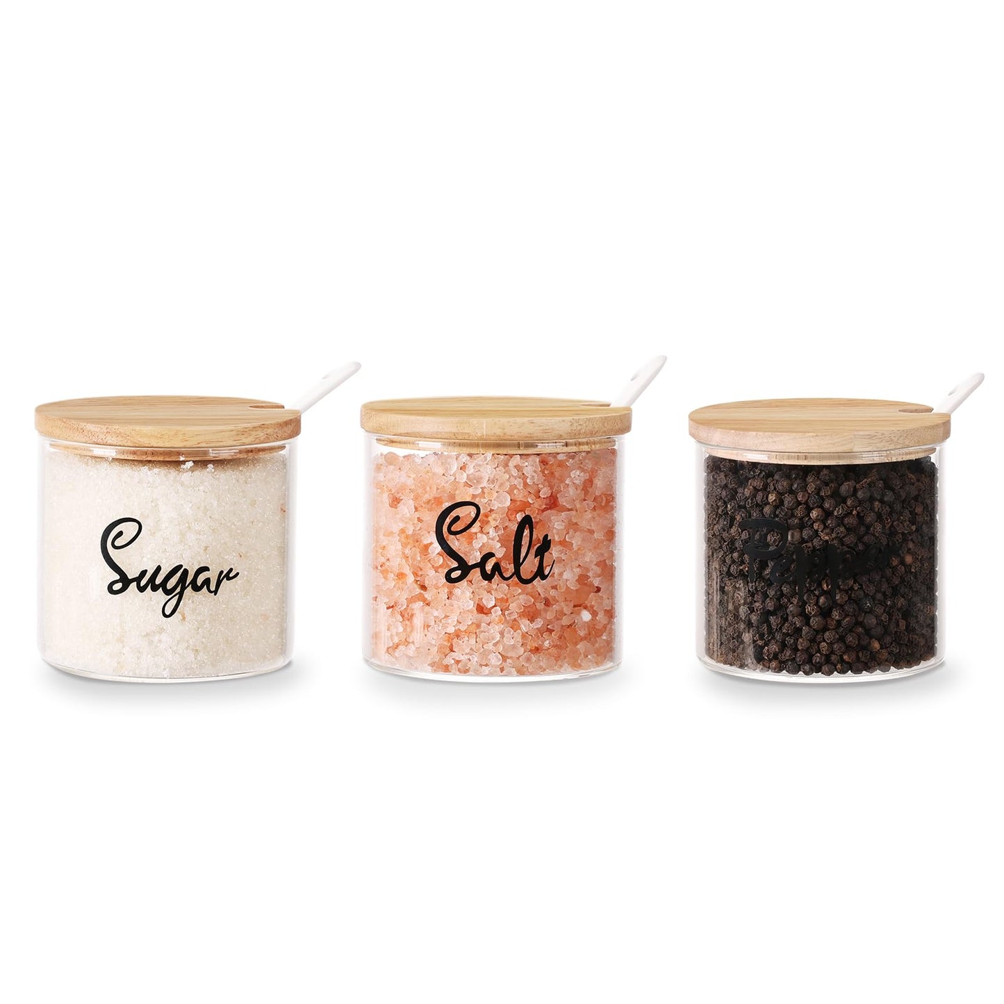 HAOTOP Clear Glass Sugar Pepper and Salt Bowls with Serving Spoon and Lid, Farmhouse Kitchen Countertop Canisters, Container Jar Dispenser Holder for Home Kitchen,12 oz